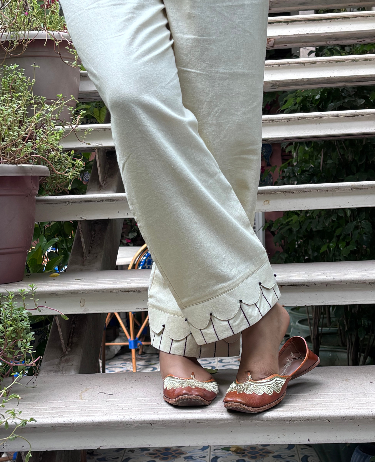 Flax Cream Straight Pant with Intricate Hem