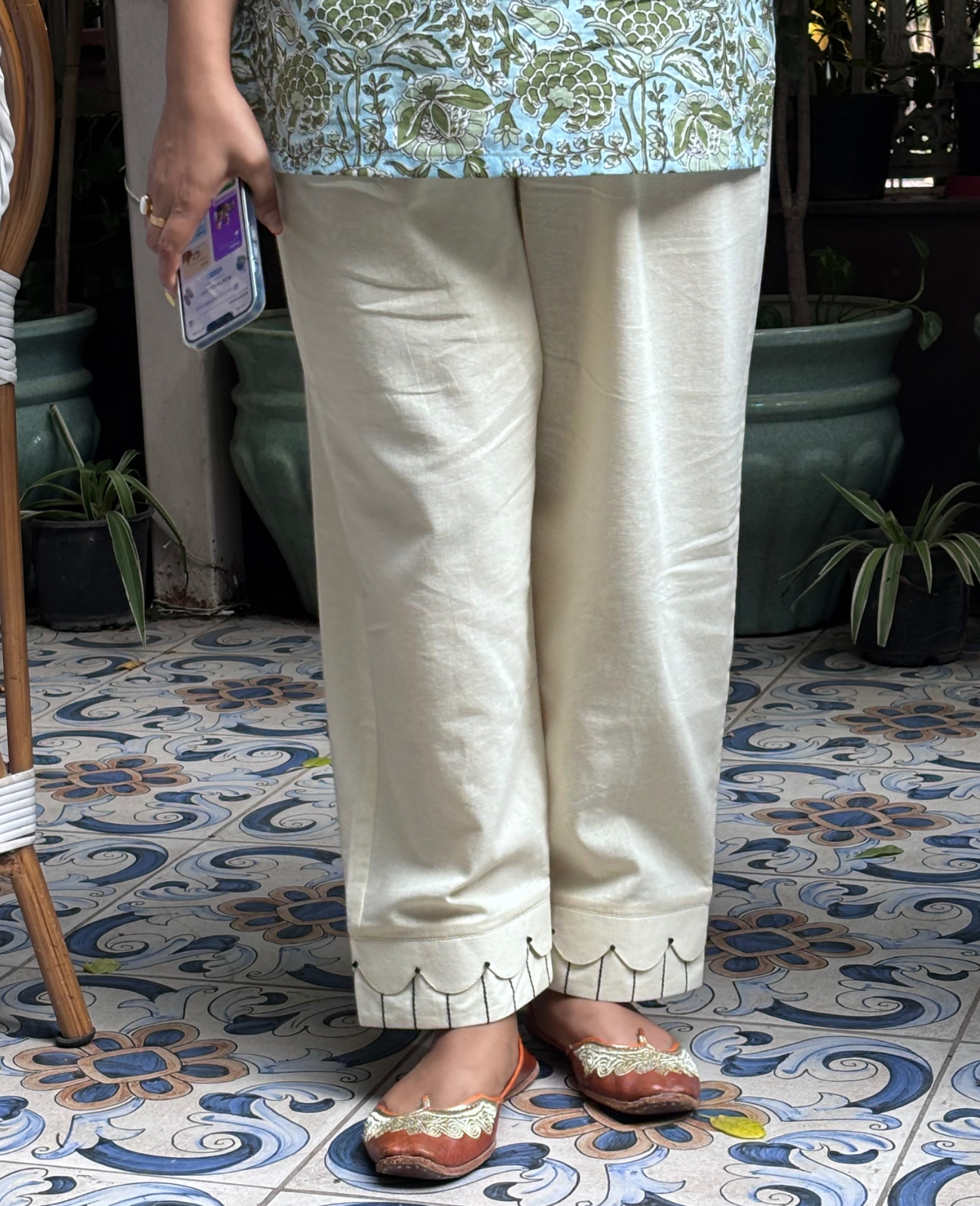 Flax Cream Straight Pant with Intricate Hem