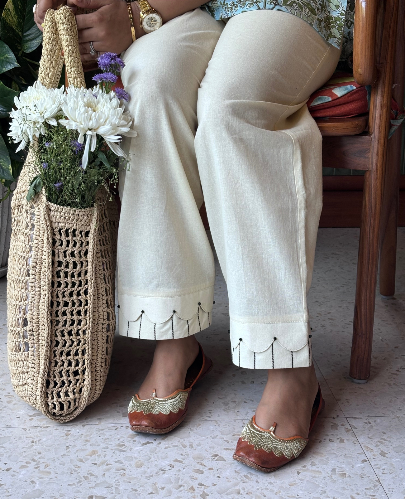 Flax Cream Straight Pant with Intricate Hem