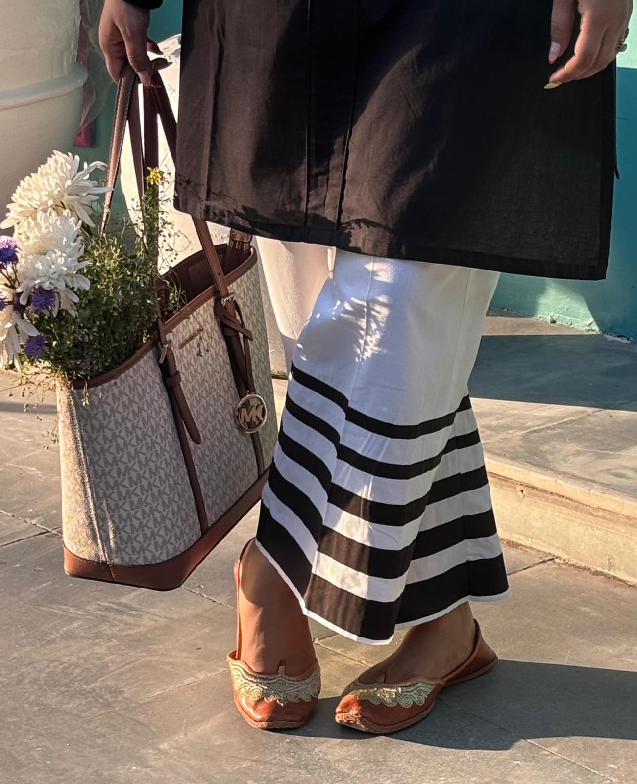 White Palazzo with Black Band Hem