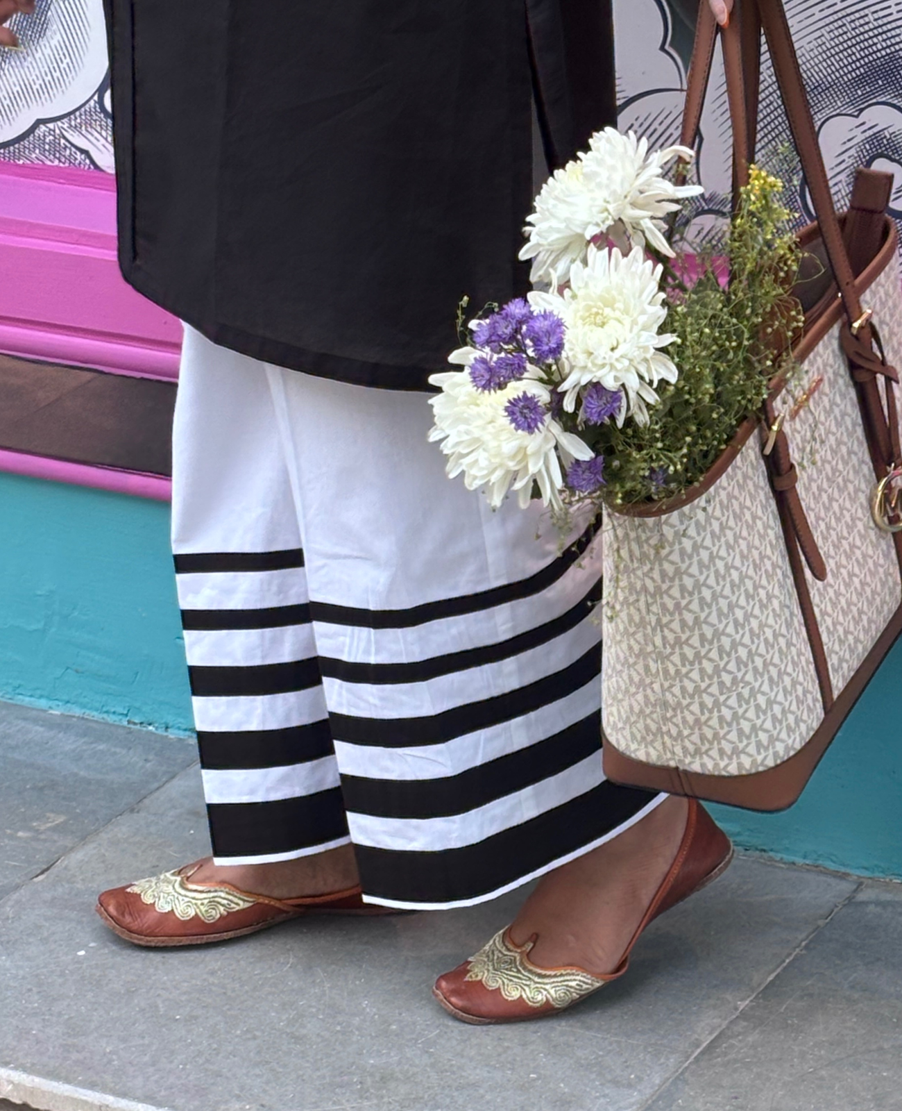 White Palazzo with Black Band Hem