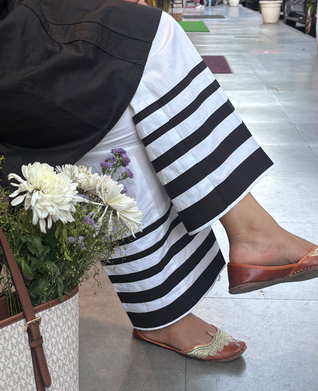 White Palazzo with Black Band Hem