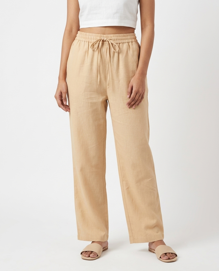 Beige Solid Straight Cotton-Blend Pants