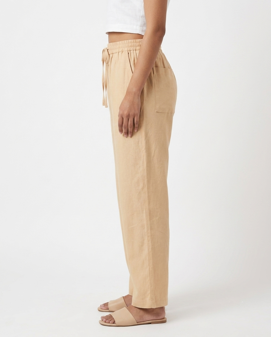 Beige Solid Straight Cotton-Blend Pants
