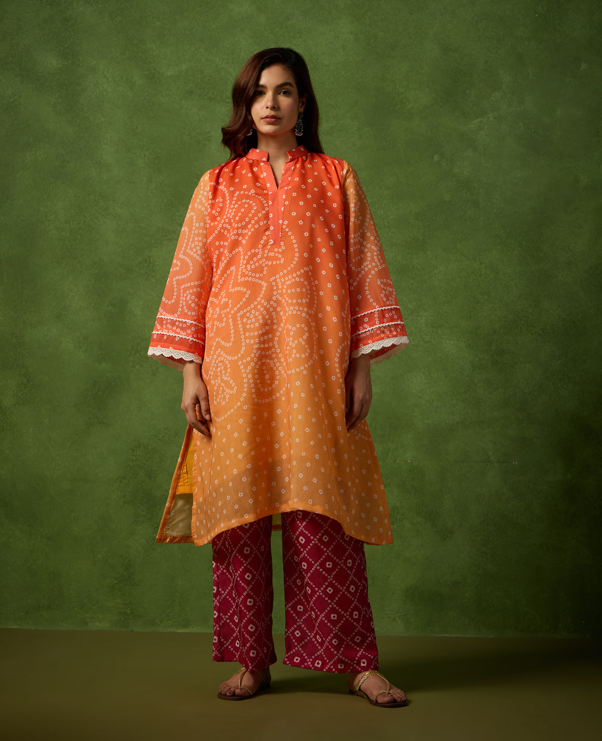 Genda Orange & Maroon Bandhani Print Mul Chanderi Kurta Suit Set
