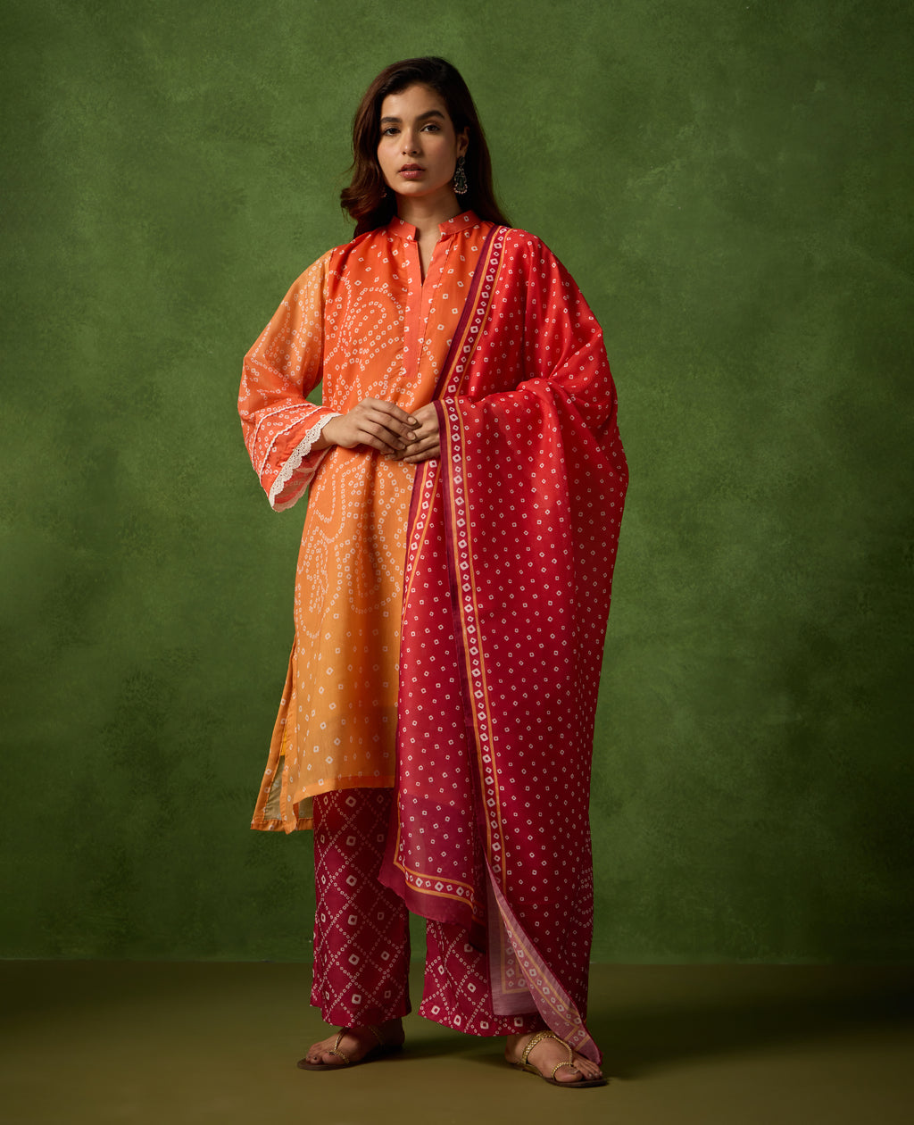 Genda Orange & Maroon Bandhani Print Mul Chanderi Kurta Suit Set