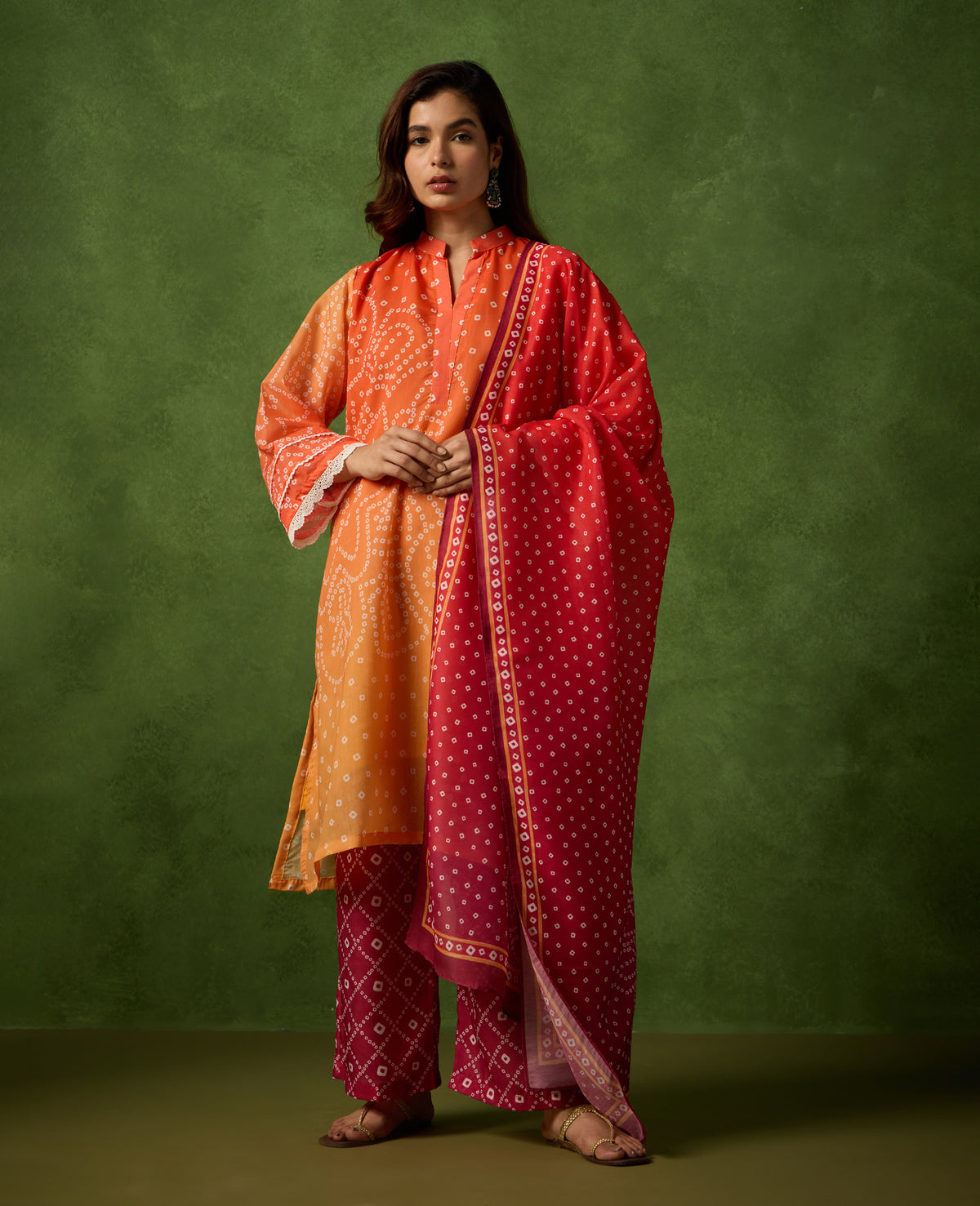 Genda Orange & Maroon Bandhani Print Mul Chanderi Kurta Suit Set