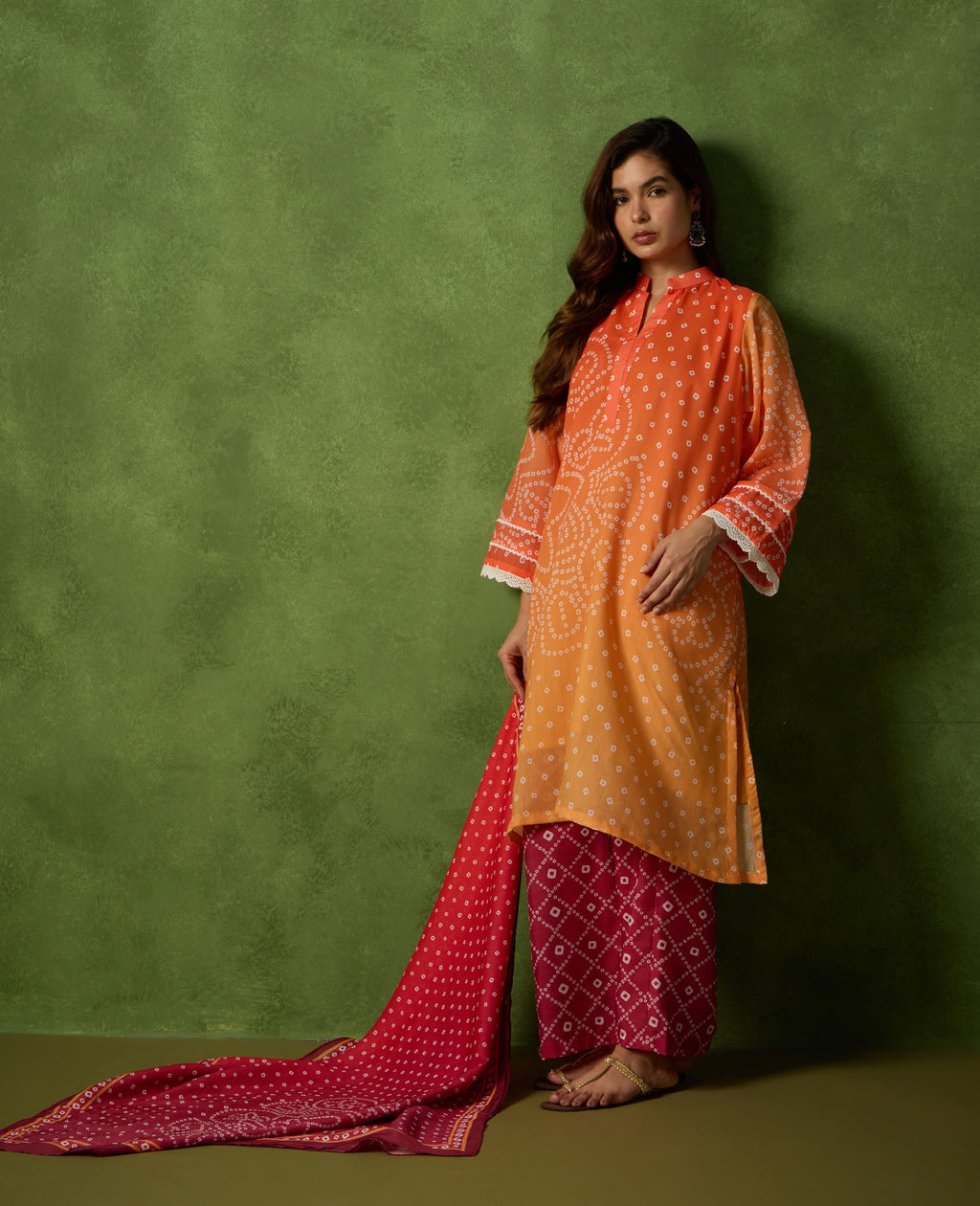 Genda Orange & Maroon Bandhani Print Mul Chanderi Kurta Suit Set