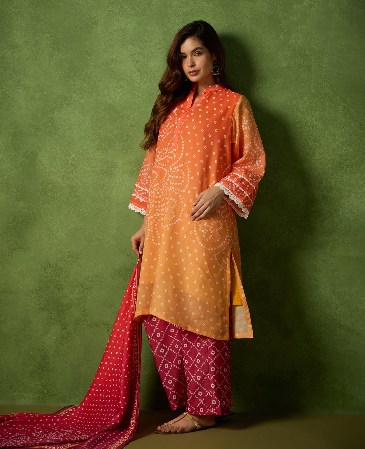 Genda Orange & Maroon Bandhani Print Mul Chanderi Kurta Suit Set