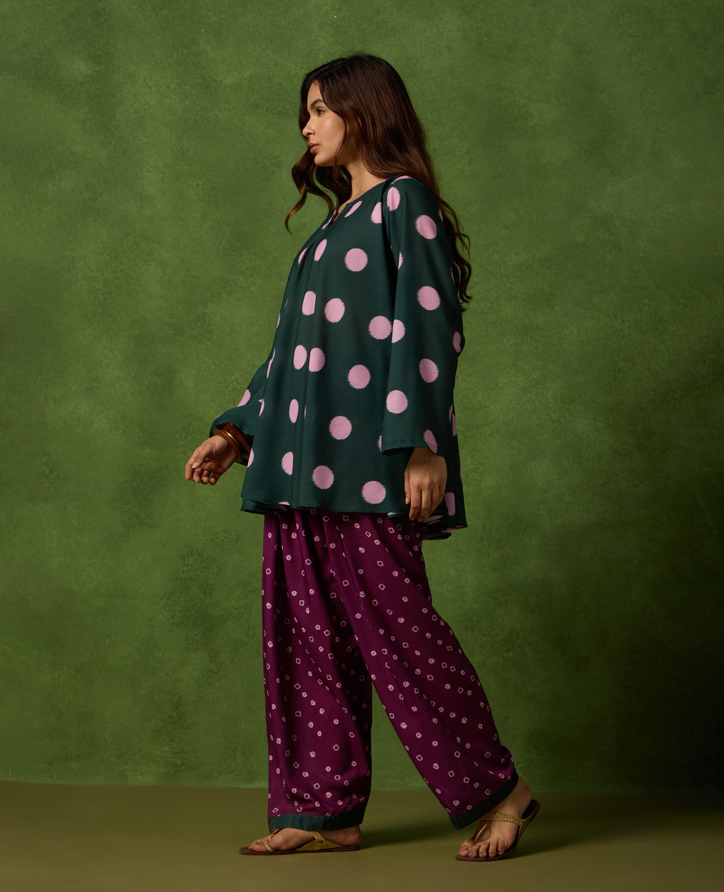 Kolam Teal Green Polka Short Kurti & Plum Farshi Salwar Set