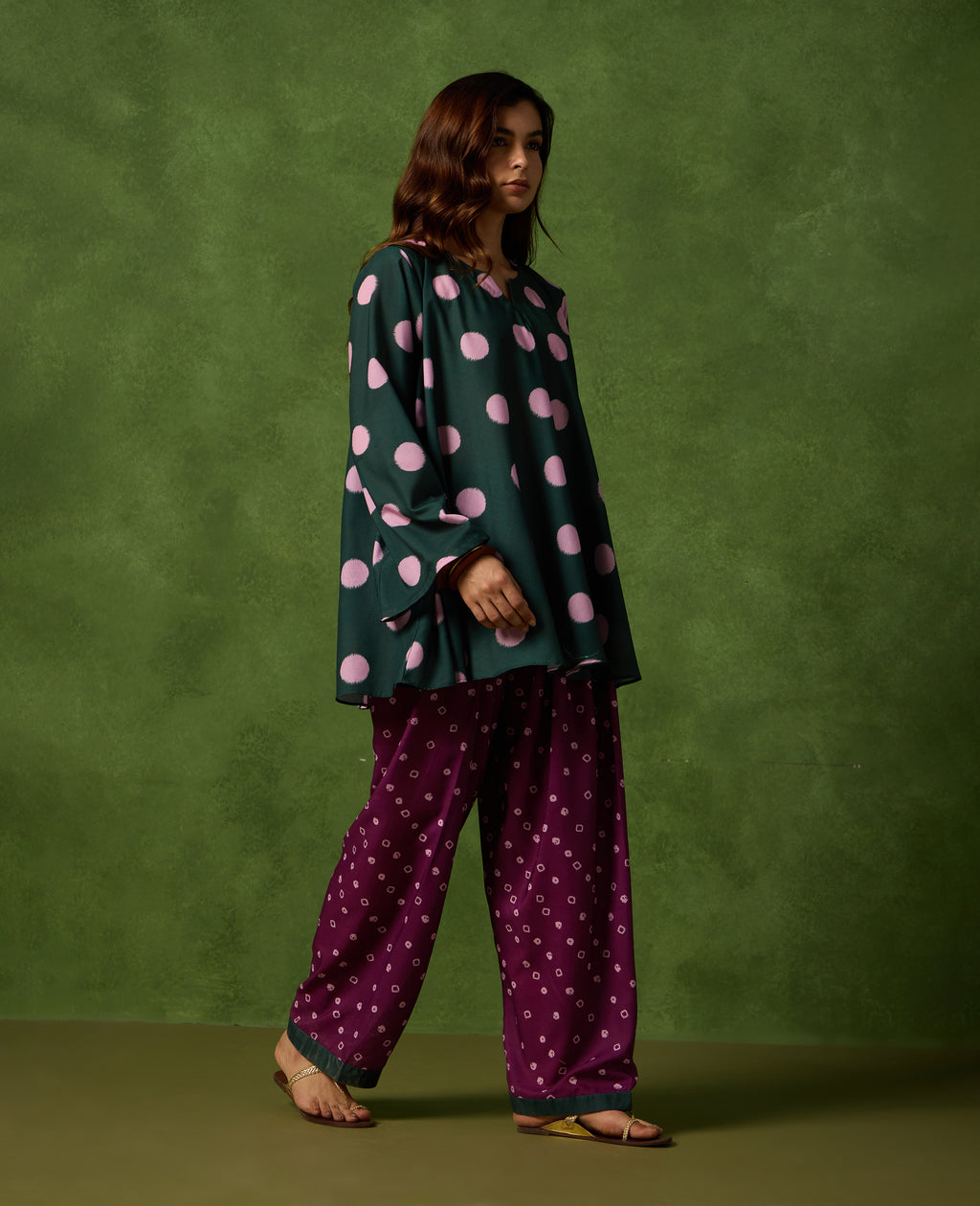 Kolam Teal Green Polka Short Kurti & Plum Farshi Salwar Set