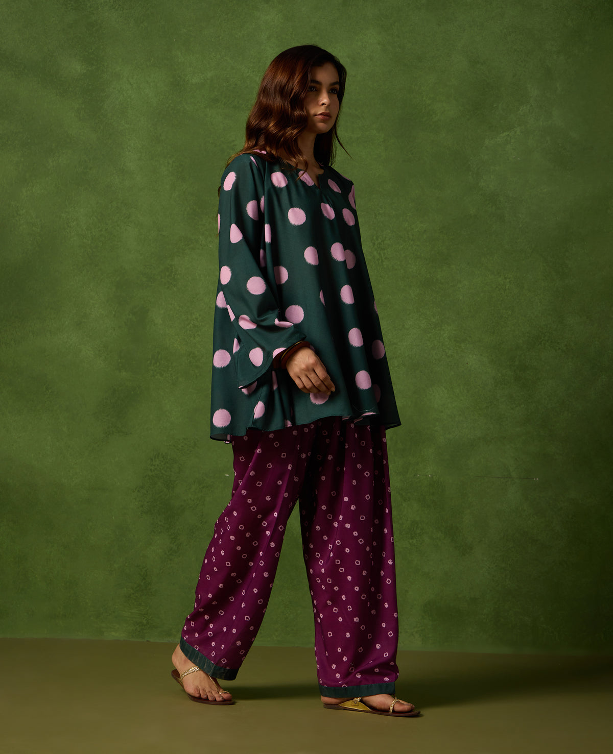 Kolam Teal Green Polka Short Kurti & Plum Farshi Salwar Set