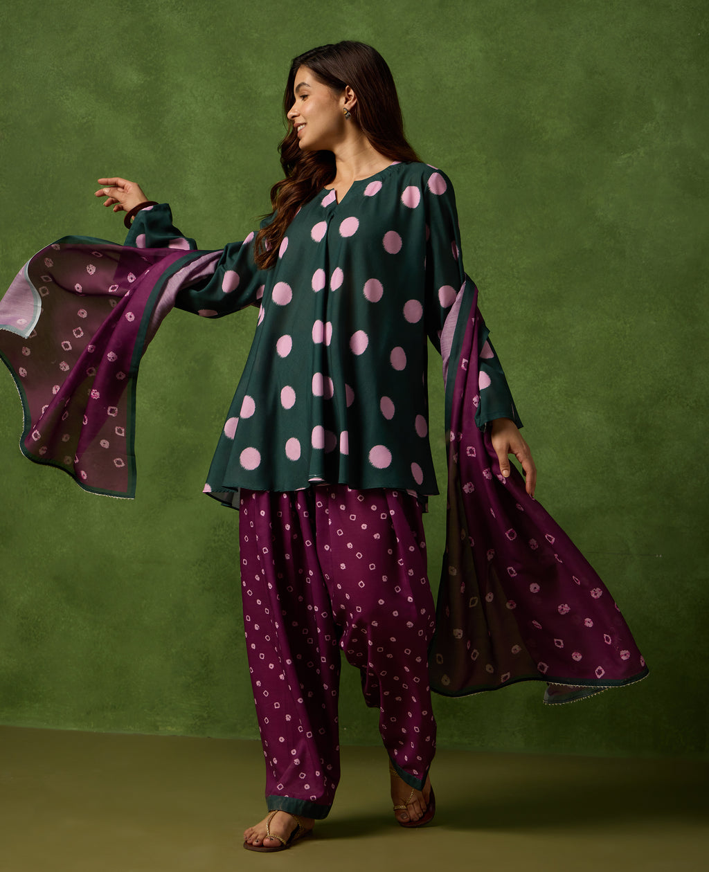 Kolam Teal Green Polka Short Kurti & Plum Farshi Salwar Set