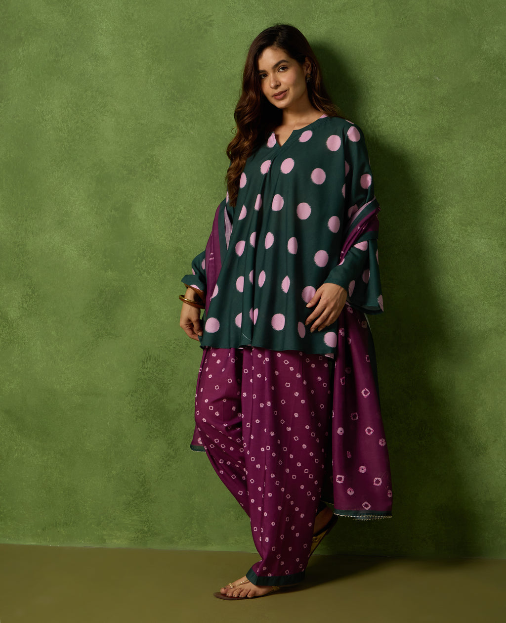 Kolam Teal Green Polka Short Kurti & Plum Farshi Salwar Set
