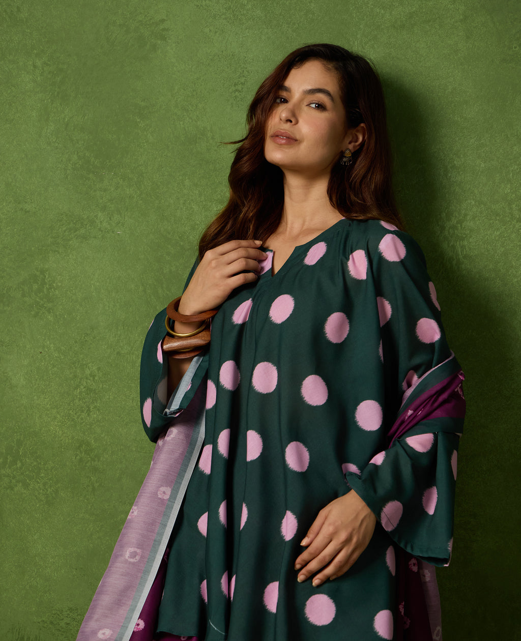 Kolam Teal Green Polka Short Kurti & Plum Farshi Salwar Set