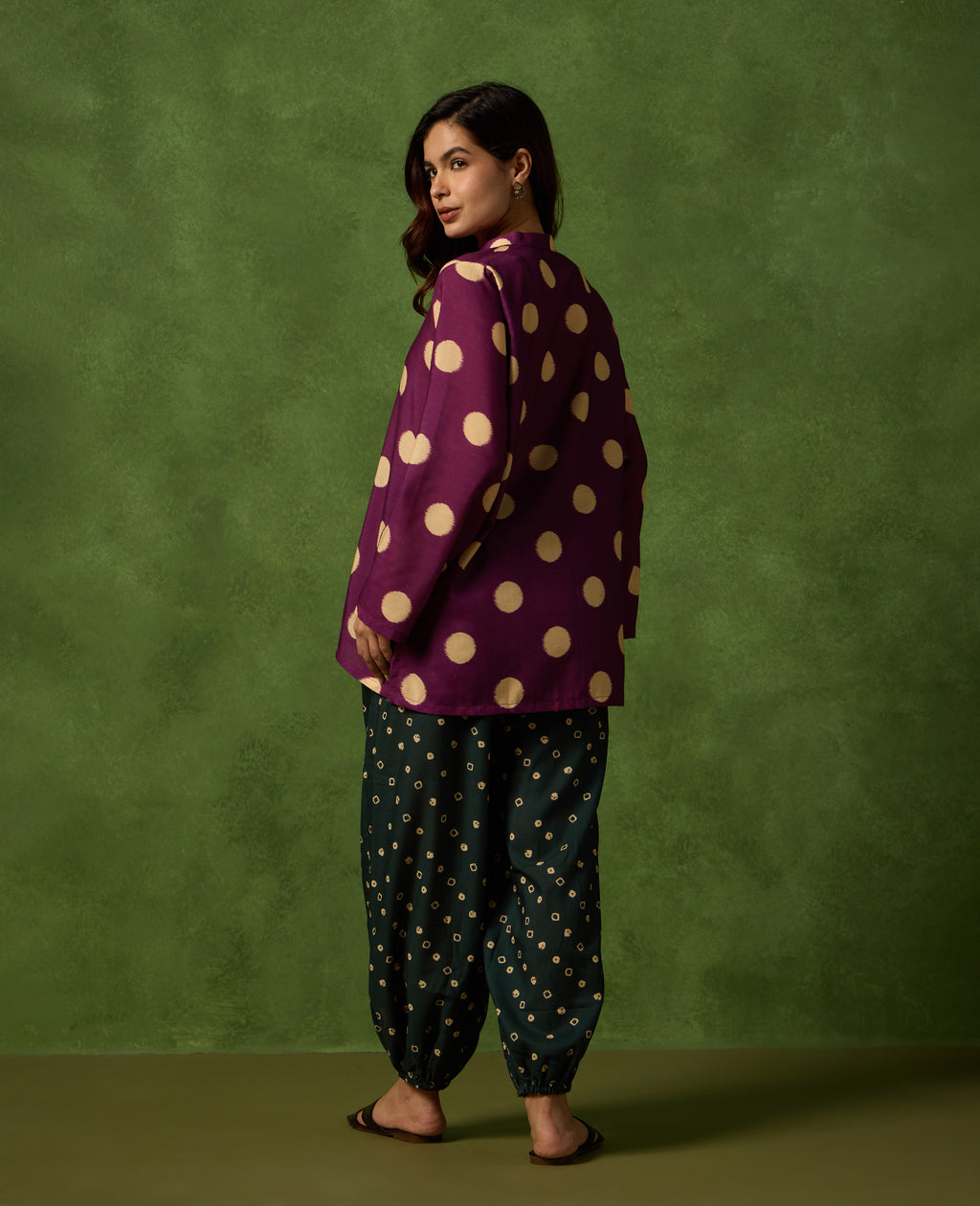 Taal Plum Polka Short Kurti & Dark Green Balloon Pants Set