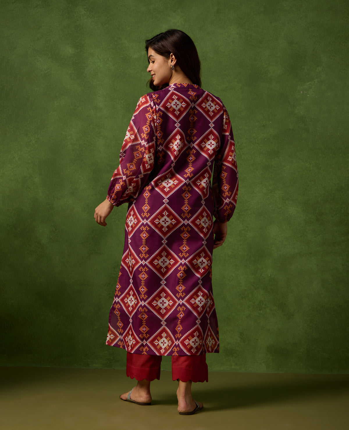 Jhilmil Deep Plum Patola Print Mul Chanderi Kurta Suit Set