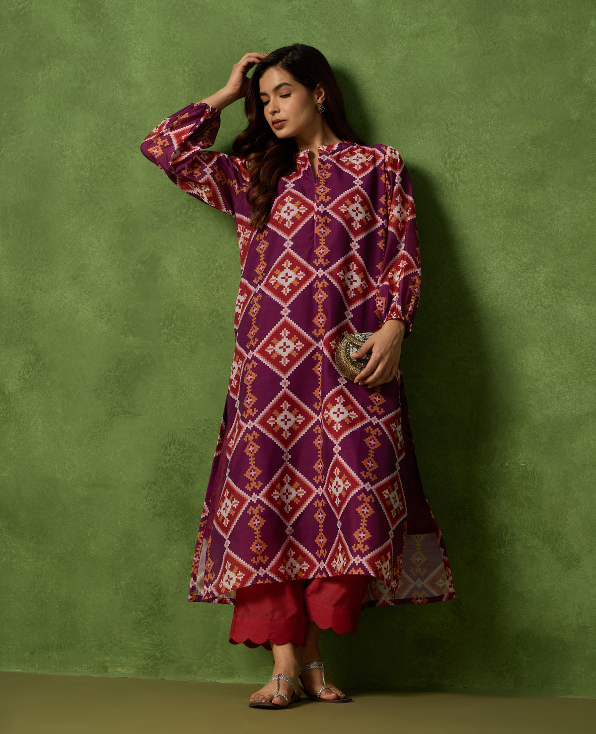 Jhilmil Deep Plum Patola Print Mul Chanderi Kurta Suit Set