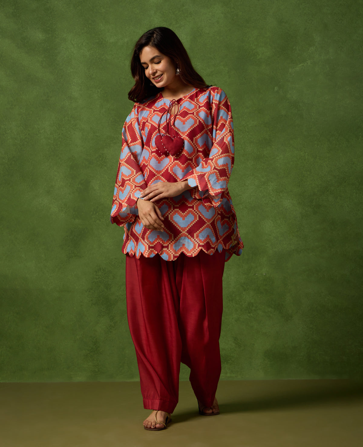 Roli Red & Blue Geometric Print Mul Chanderi Farshi Salwar Set