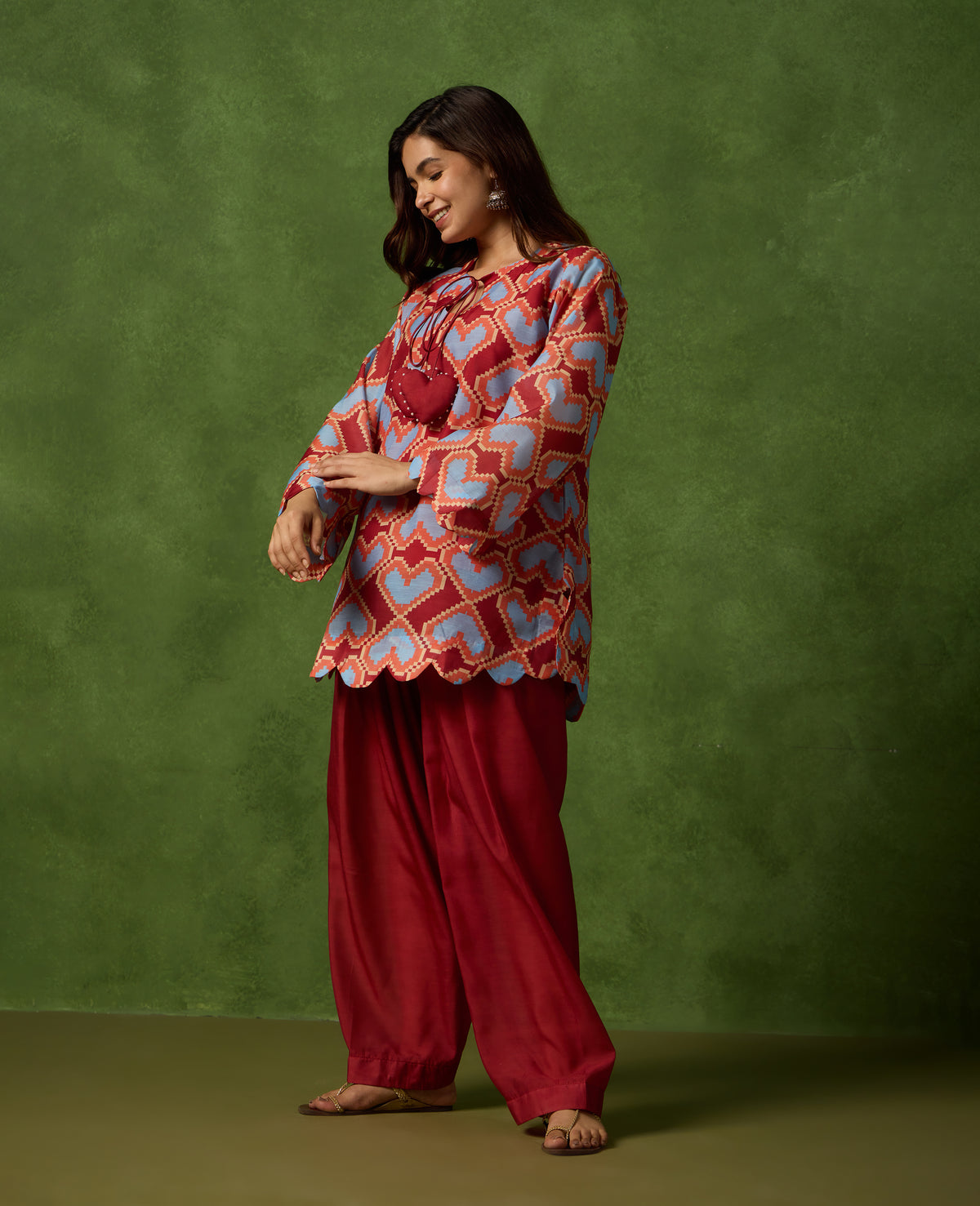 Roli Red & Blue Geometric Print Mul Chanderi Farshi Salwar Set