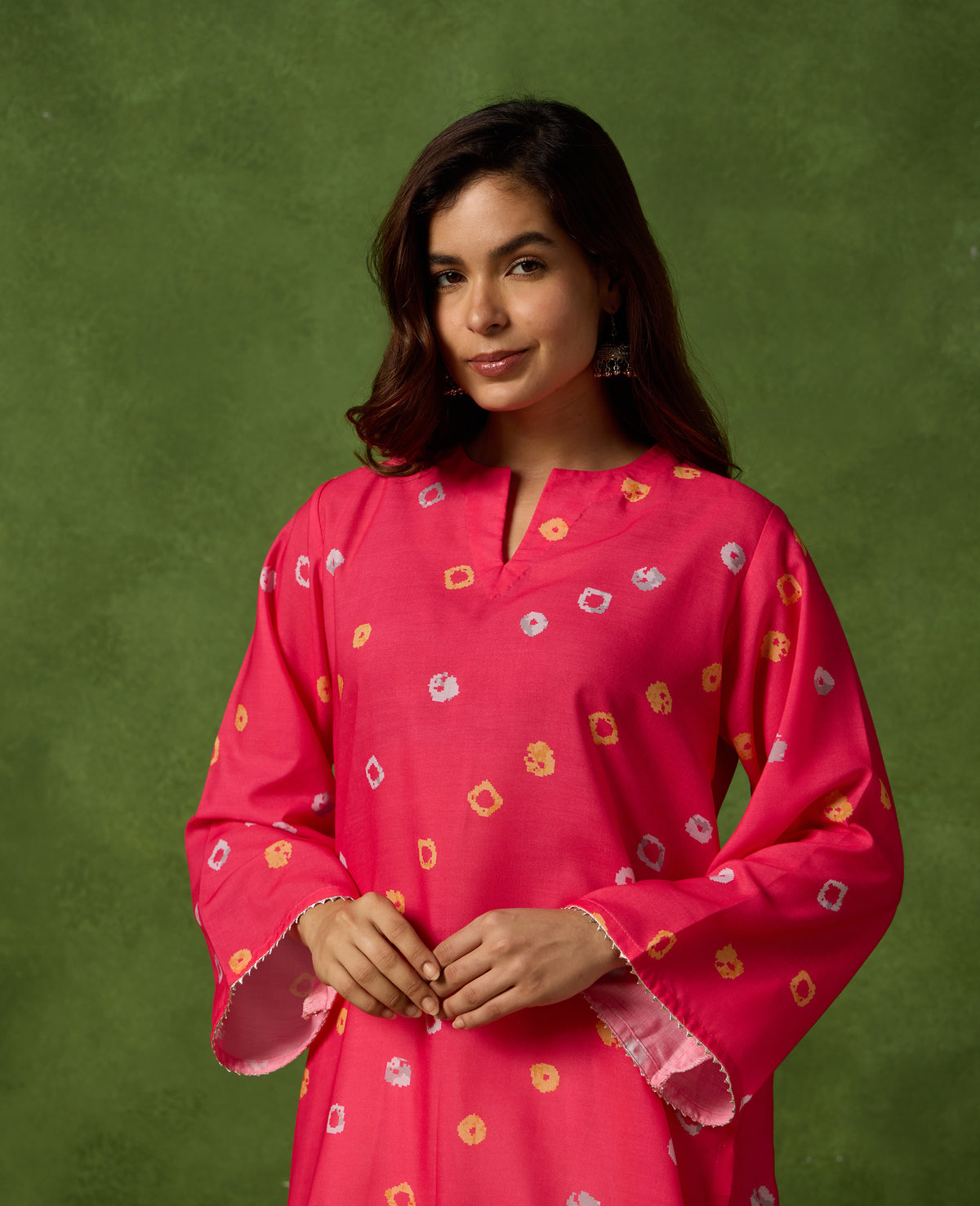 Taara Bright Pink Bandhani Short Kurti & White Salwar Set