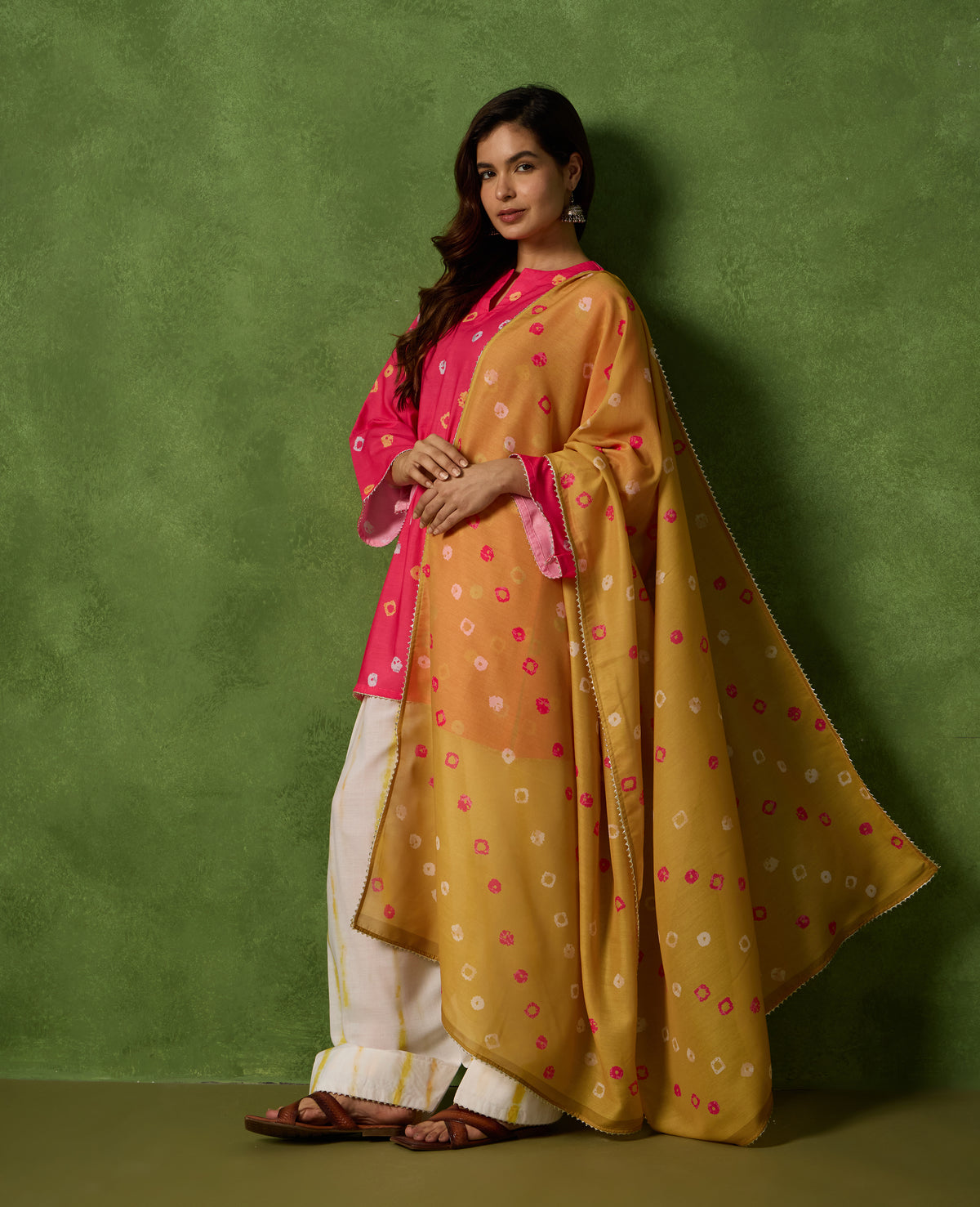 Taara Bright Pink Bandhani Short Kurti & White Salwar Set