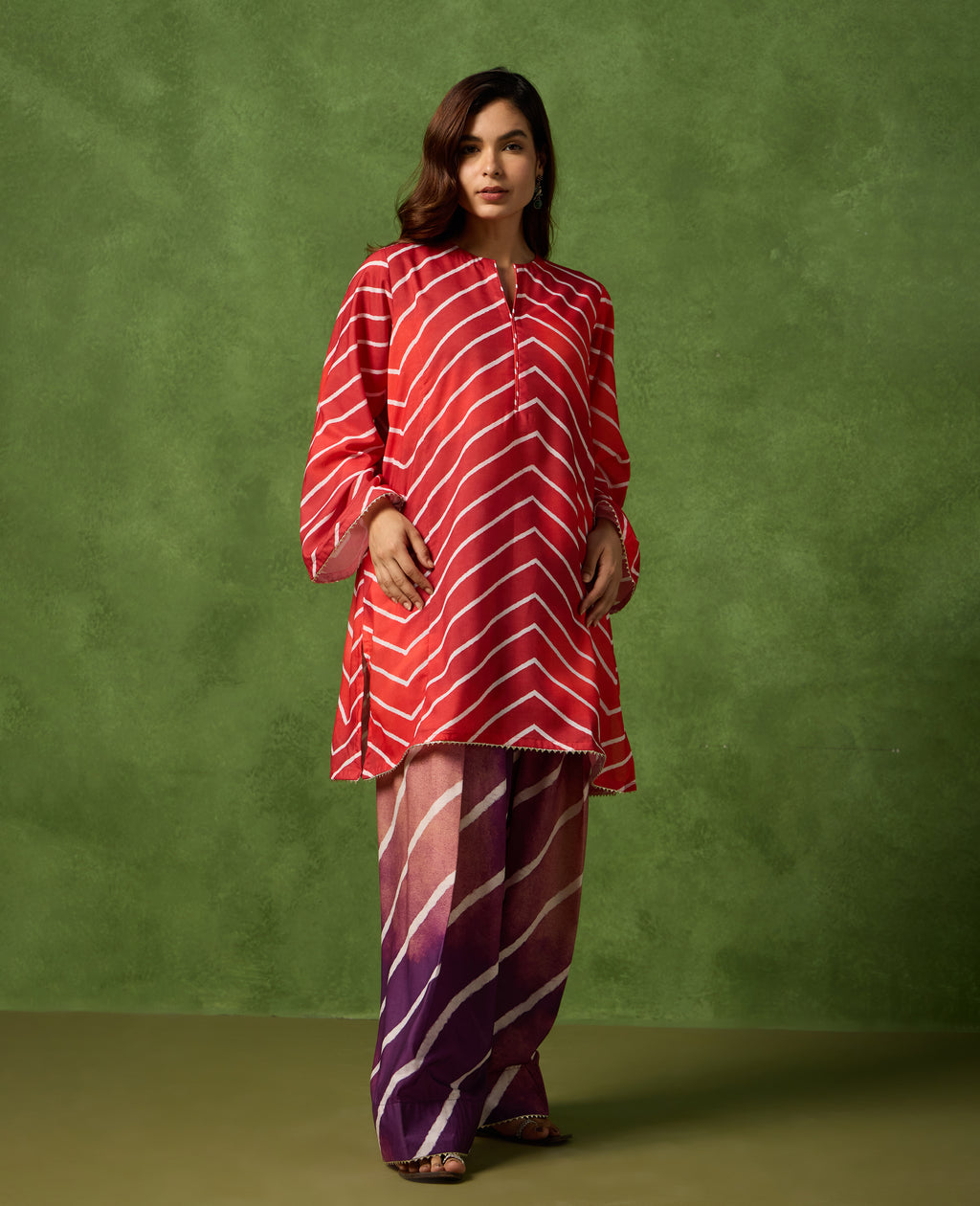 Leher Red & Purple Leheriya Print Mul Chanderi Farshi Salwar Set