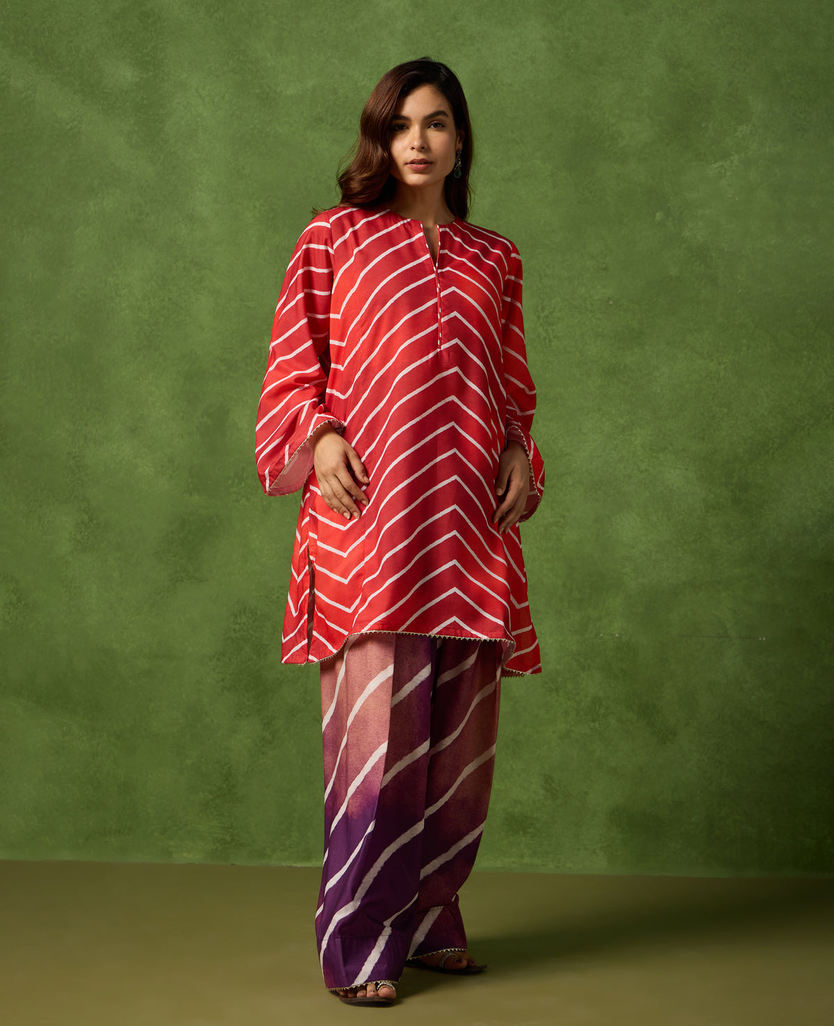Leher Red & Purple Leheriya Print Mul Chanderi Farshi Salwar Set