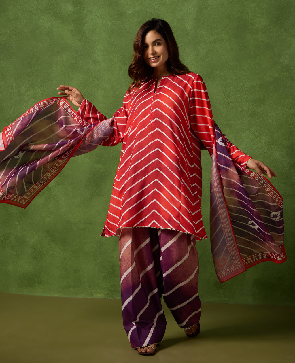 Leher Red & Purple Leheriya Print Mul Chanderi Farshi Salwar Set