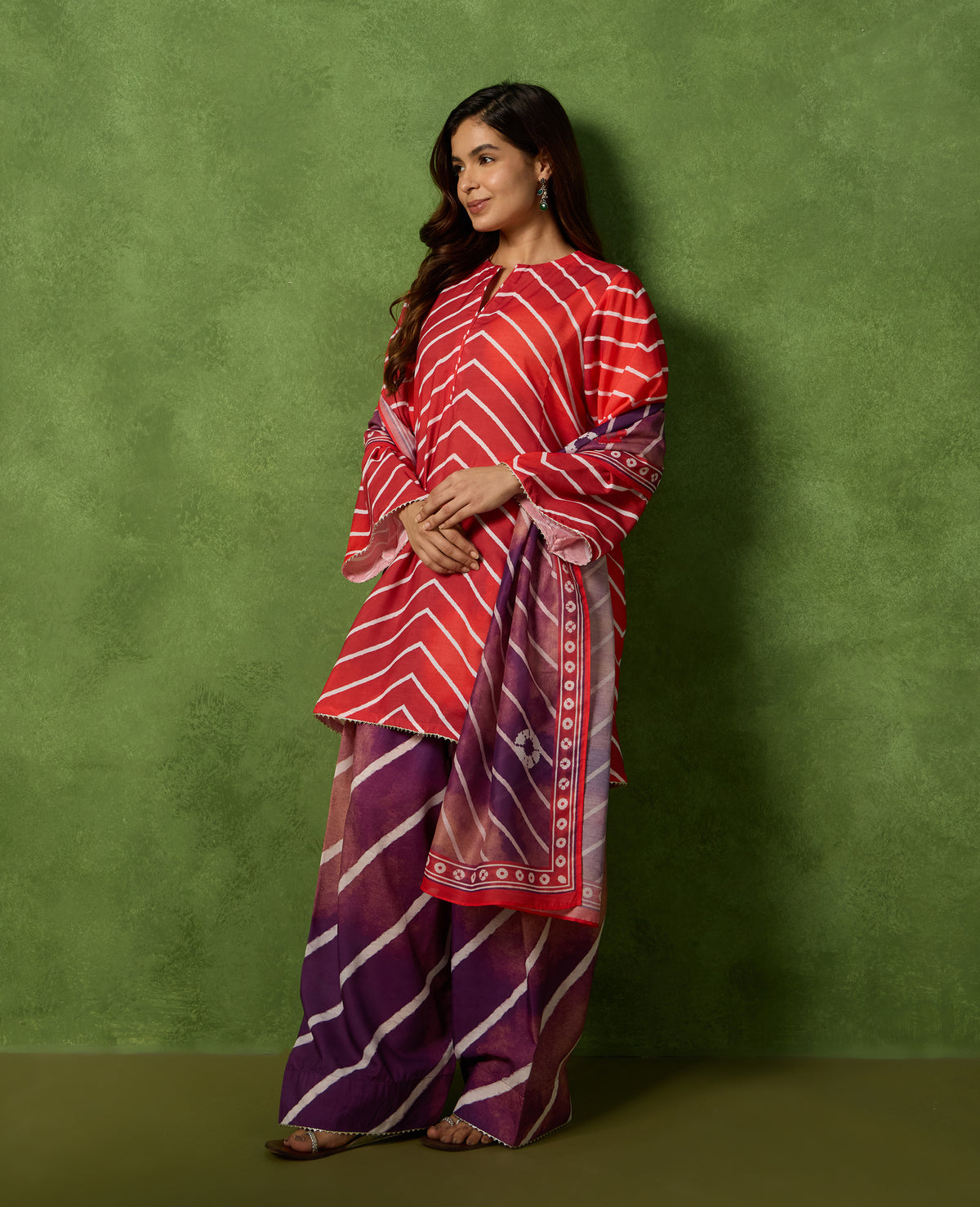 Leher Red & Purple Leheriya Print Mul Chanderi Farshi Salwar Set