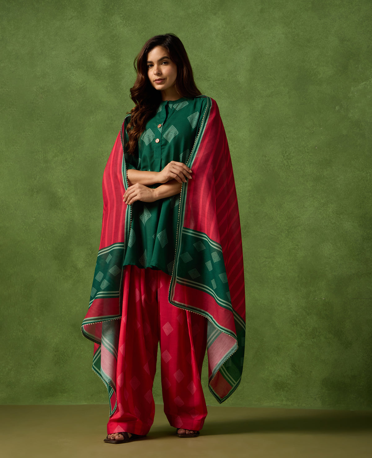 Henna Forest Green Short Kurti & Pink Farshi Salwar Set