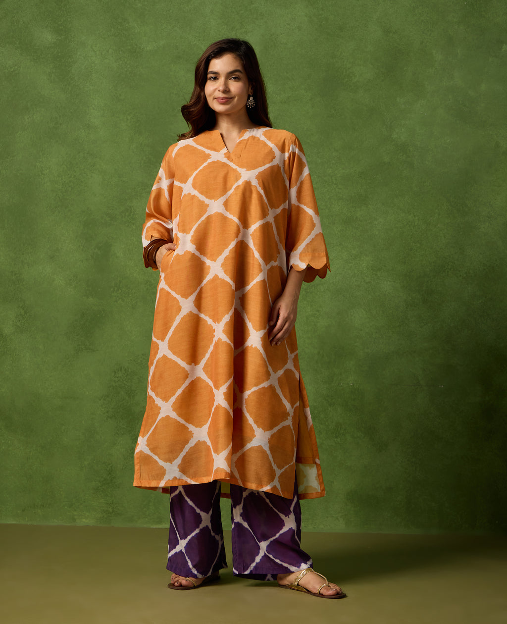 Mishti Orange Printed Kurta with Plum Pants - Rare Threads by Naina