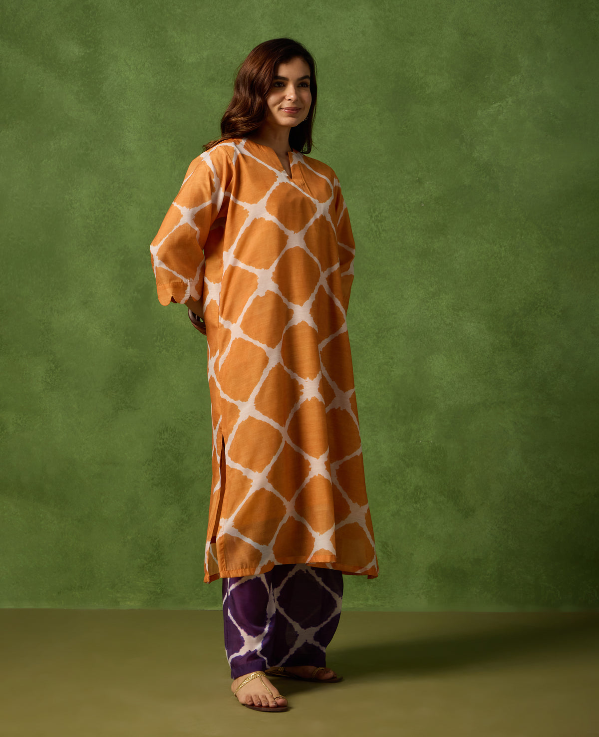 Mishti Orange Printed Kurta with Plum Pants - Rare Threads by Naina