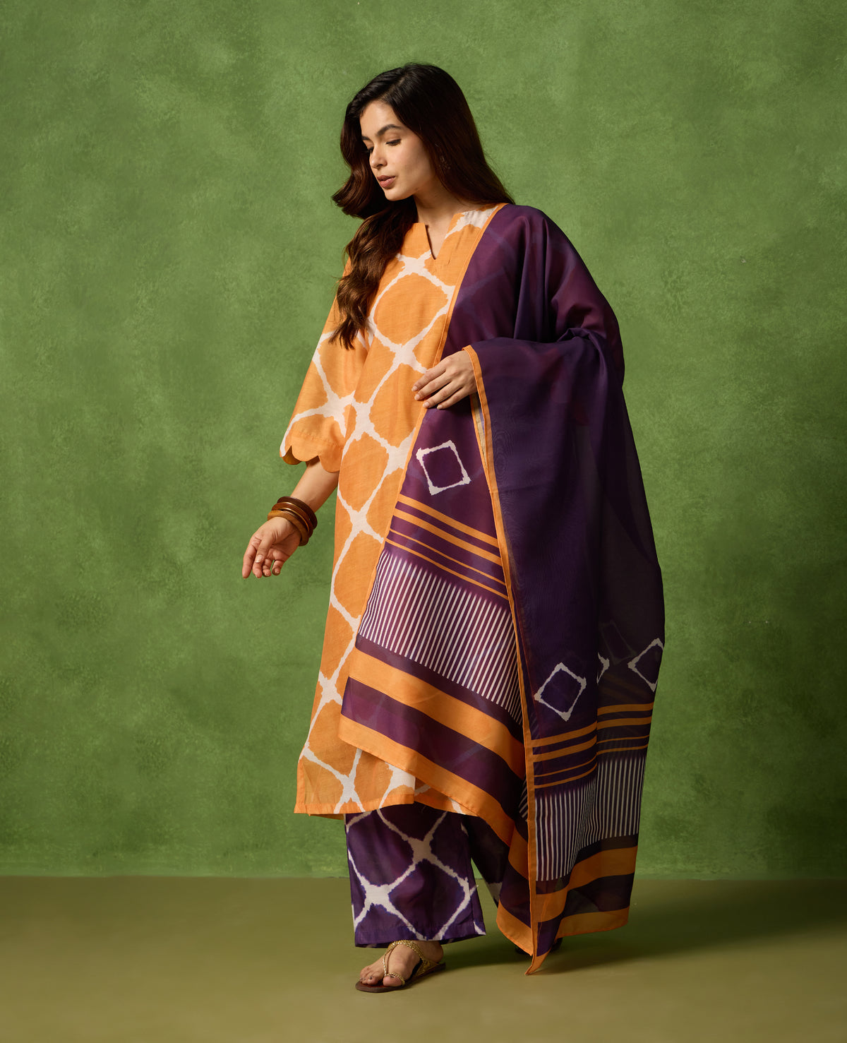 Mishti Orange Printed Kurta with Plum Pants - Rare Threads by Naina