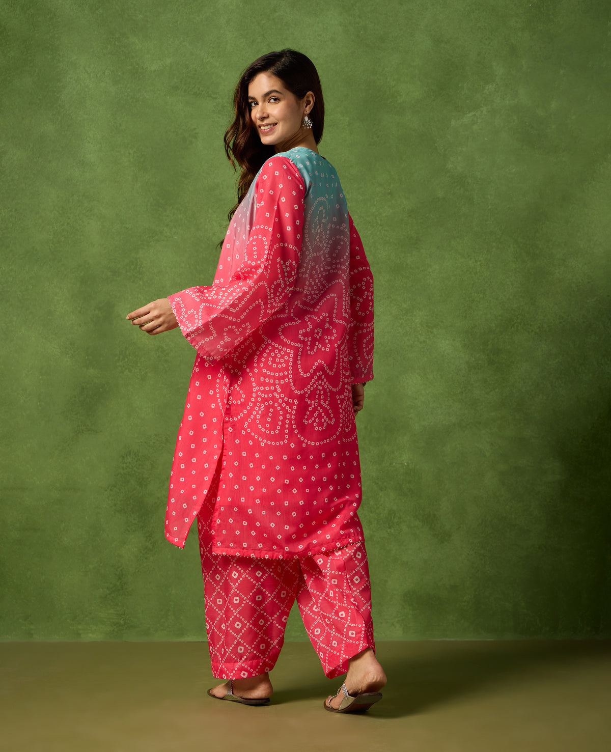 Jhoom Pink & Red Bandhani Print Mul Chanderi Kurta Suit Set
