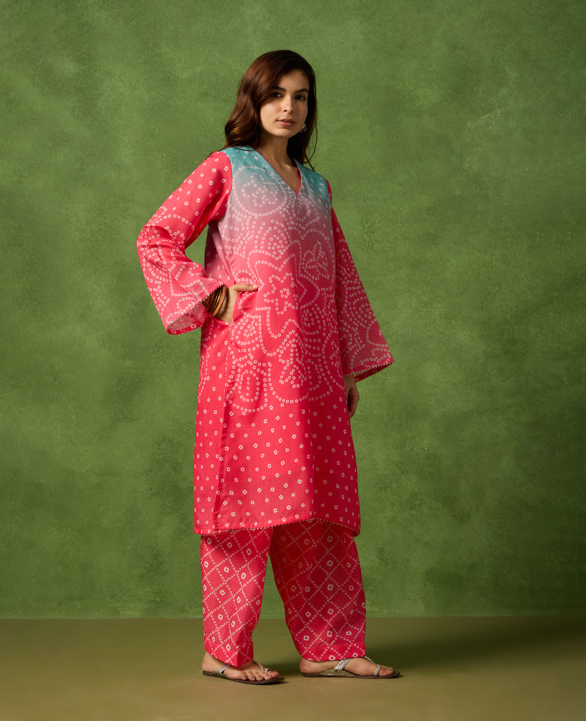 Jhoom Pink & Red Bandhani Print Mul Chanderi Kurta Suit Set