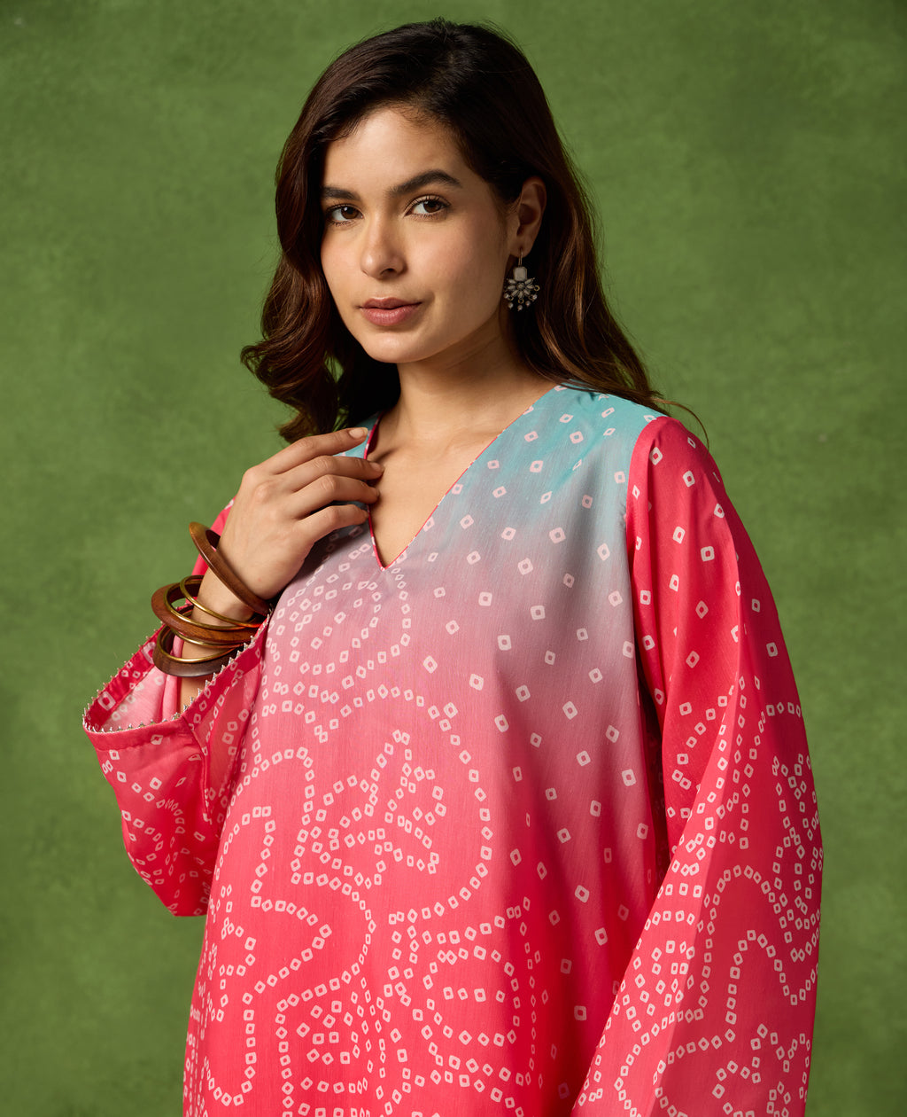 Jhoom Pink & Red Bandhani Print Mul Chanderi Kurta Suit Set