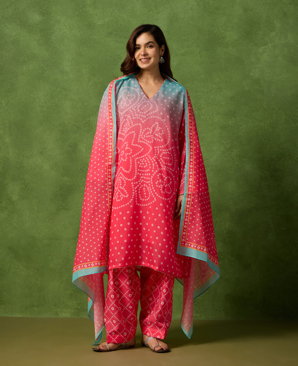 Jhoom Pink & Red Bandhani Print Mul Chanderi Kurta Suit Set