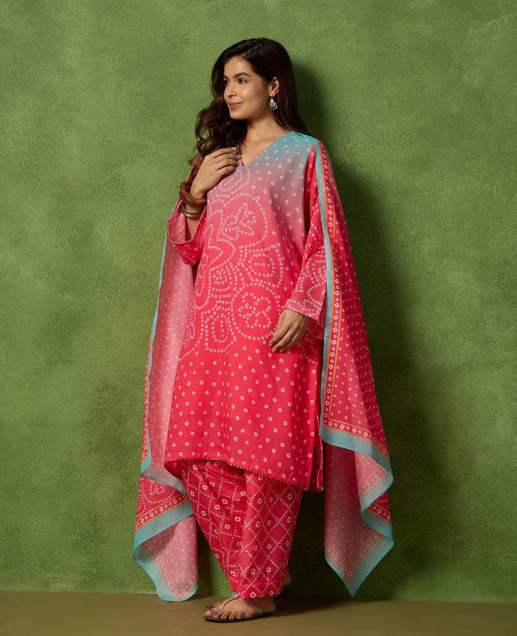 Jhoom Pink & Red Bandhani Print Mul Chanderi Kurta Suit Set