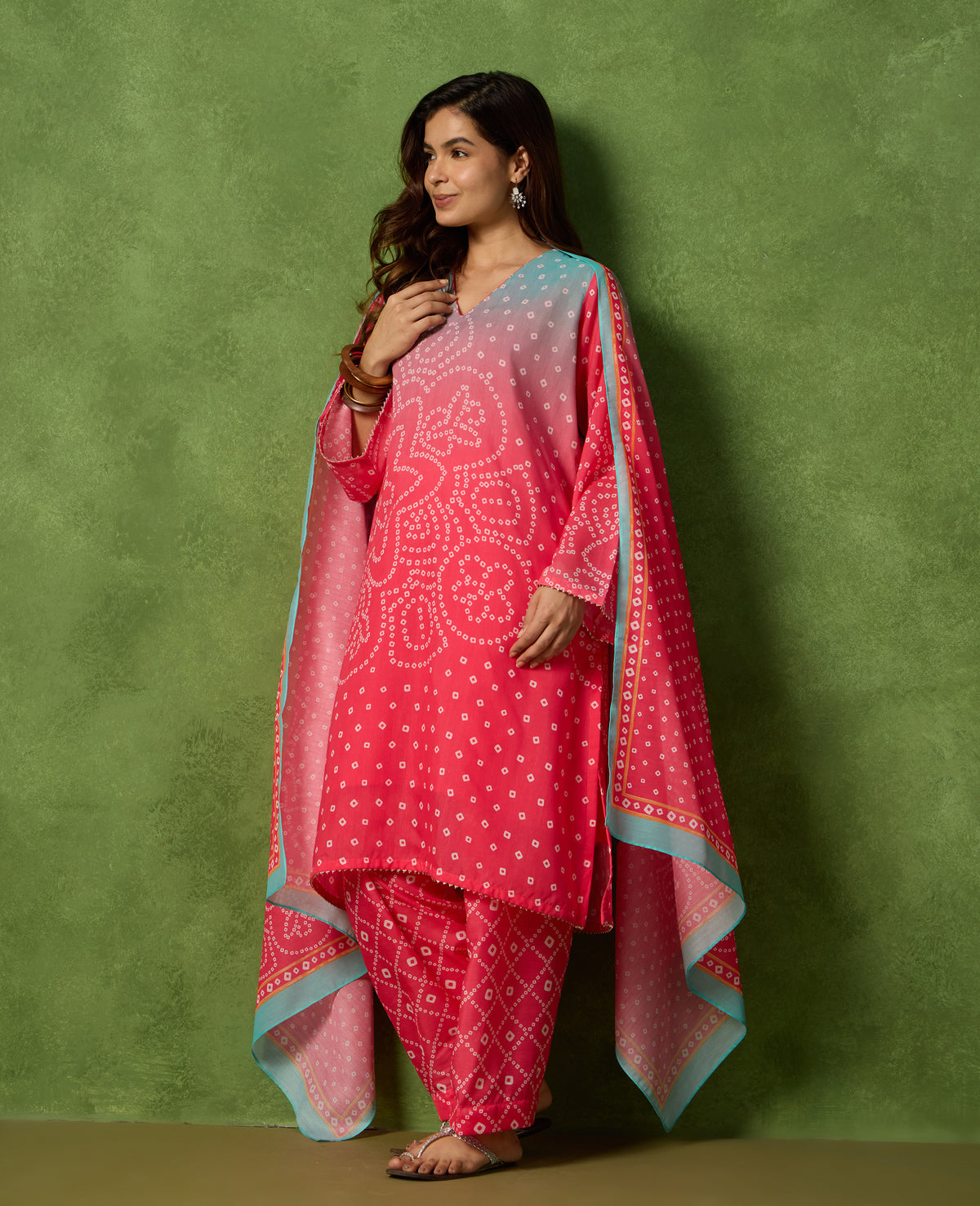 Jhoom Pink & Red Bandhani Print Mul Chanderi Kurta Suit Set