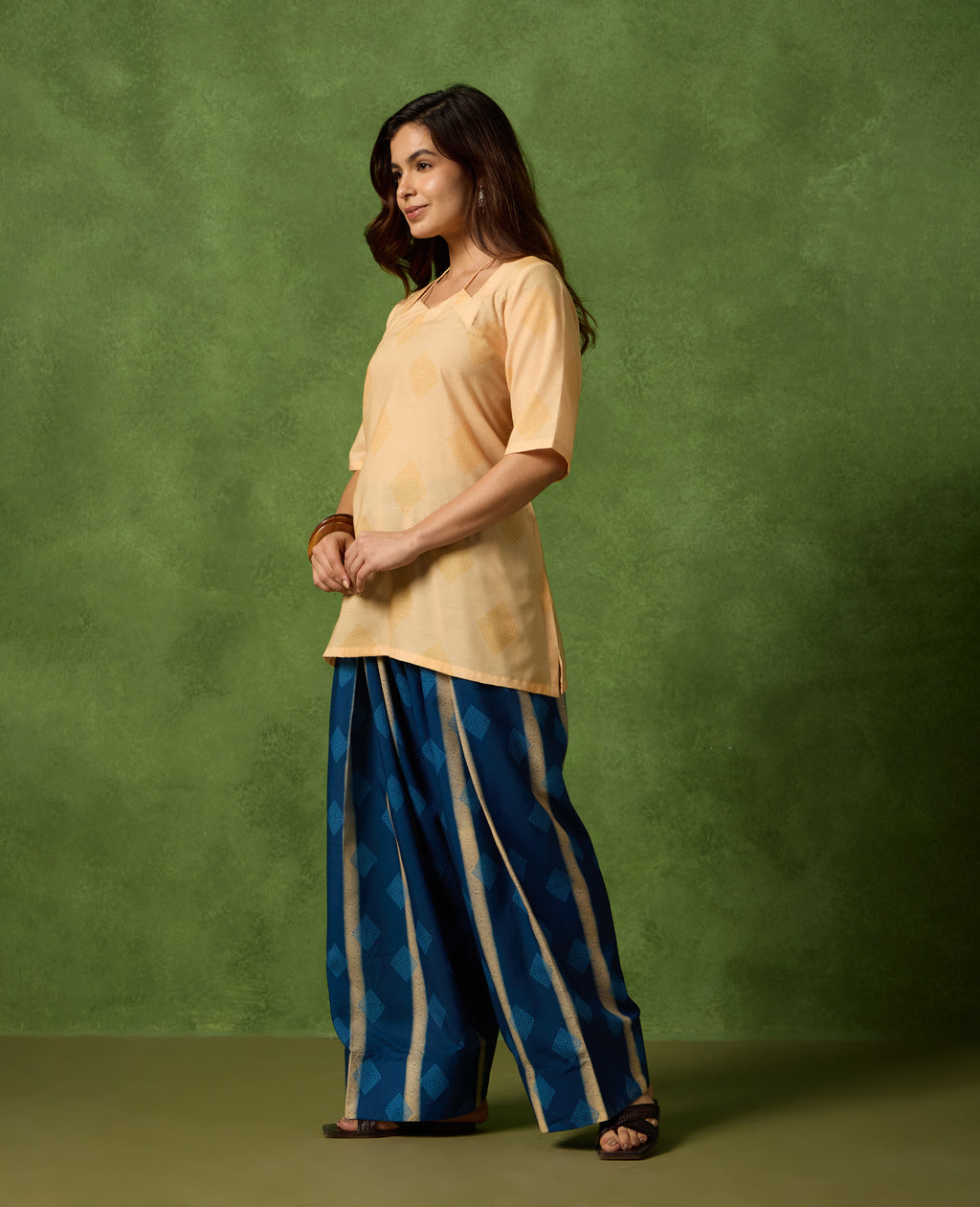 Bela Peach Yellow Short Kurti & Blue Farshi Salwar Set
