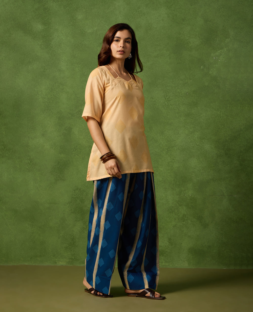 Bela Peach Yellow Short Kurti & Blue Farshi Salwar Set