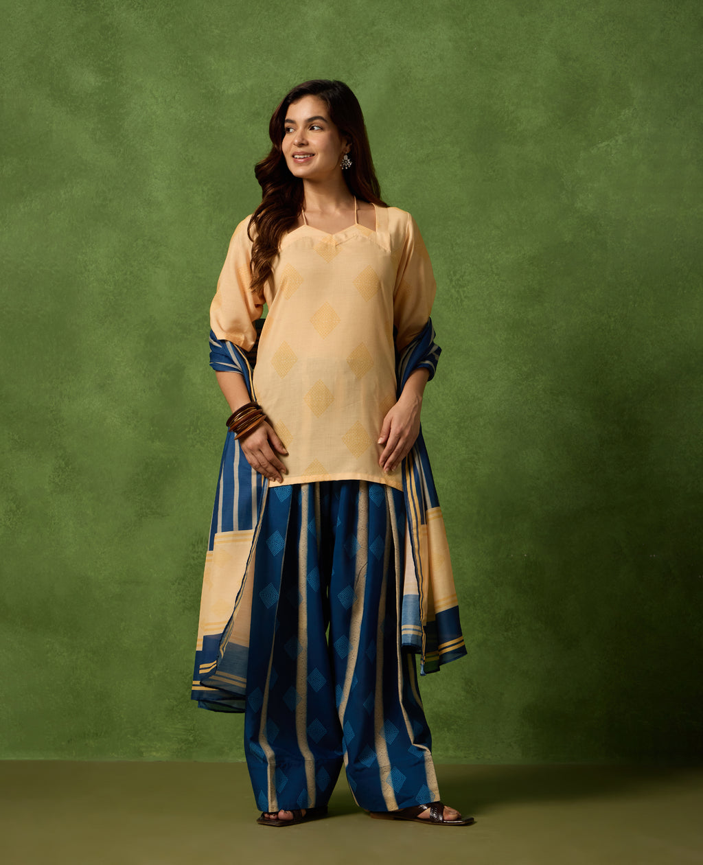 Bela Peach Yellow Short Kurti & Blue Farshi Salwar Set