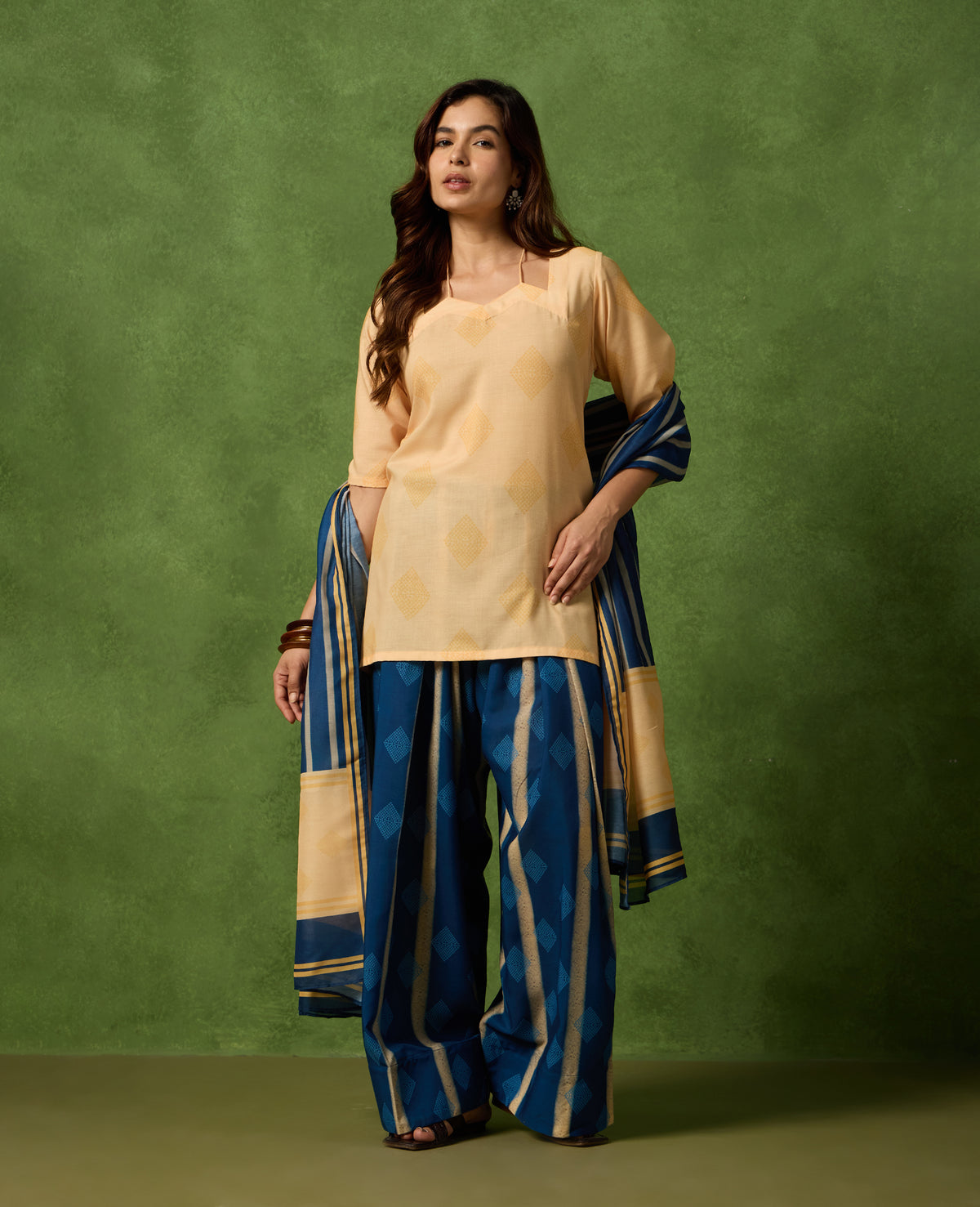 Bela Peach Yellow Short Kurti & Blue Farshi Salwar Set