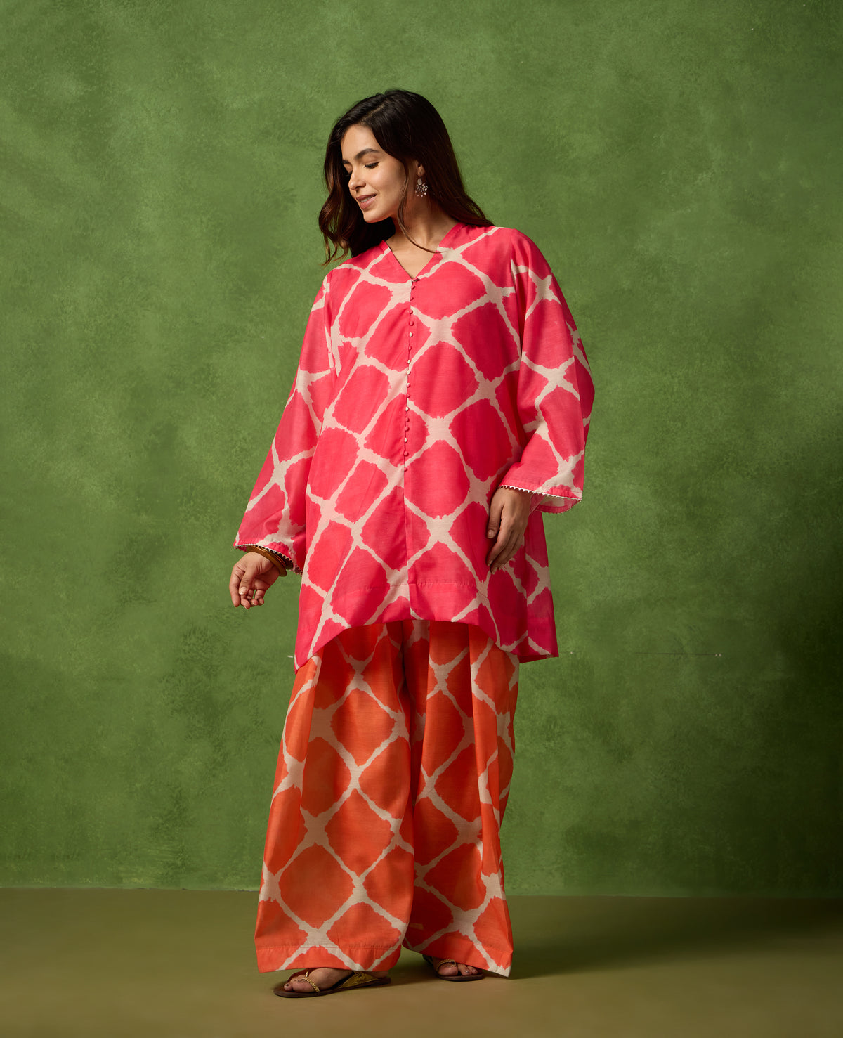 Geet Pink & Orange Geometric Print Mul Chanderi Kurta Suit Set