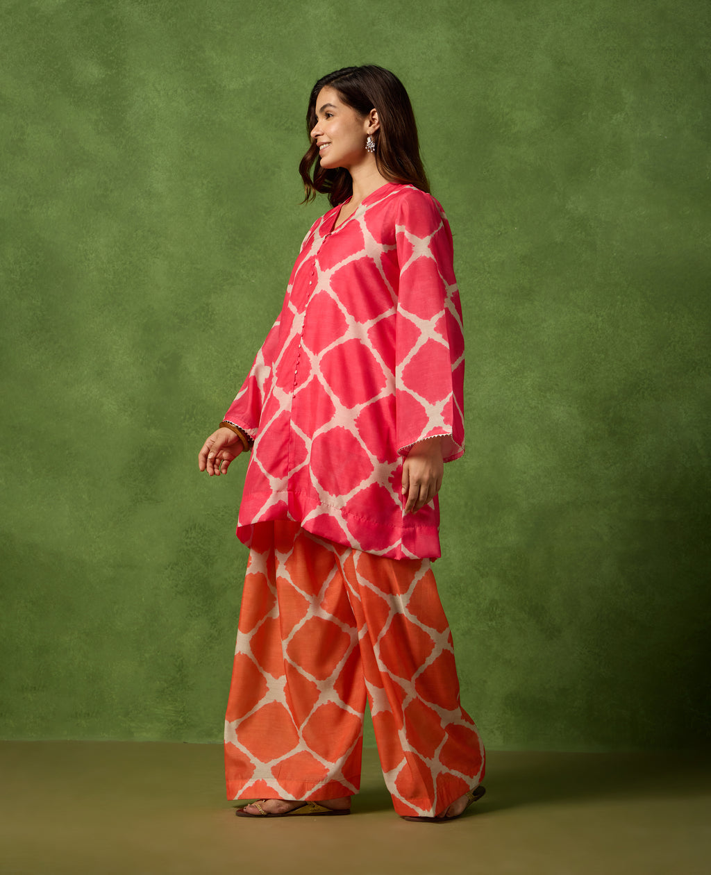 Geet Pink & Orange Geometric Print Mul Chanderi Kurta Suit Set