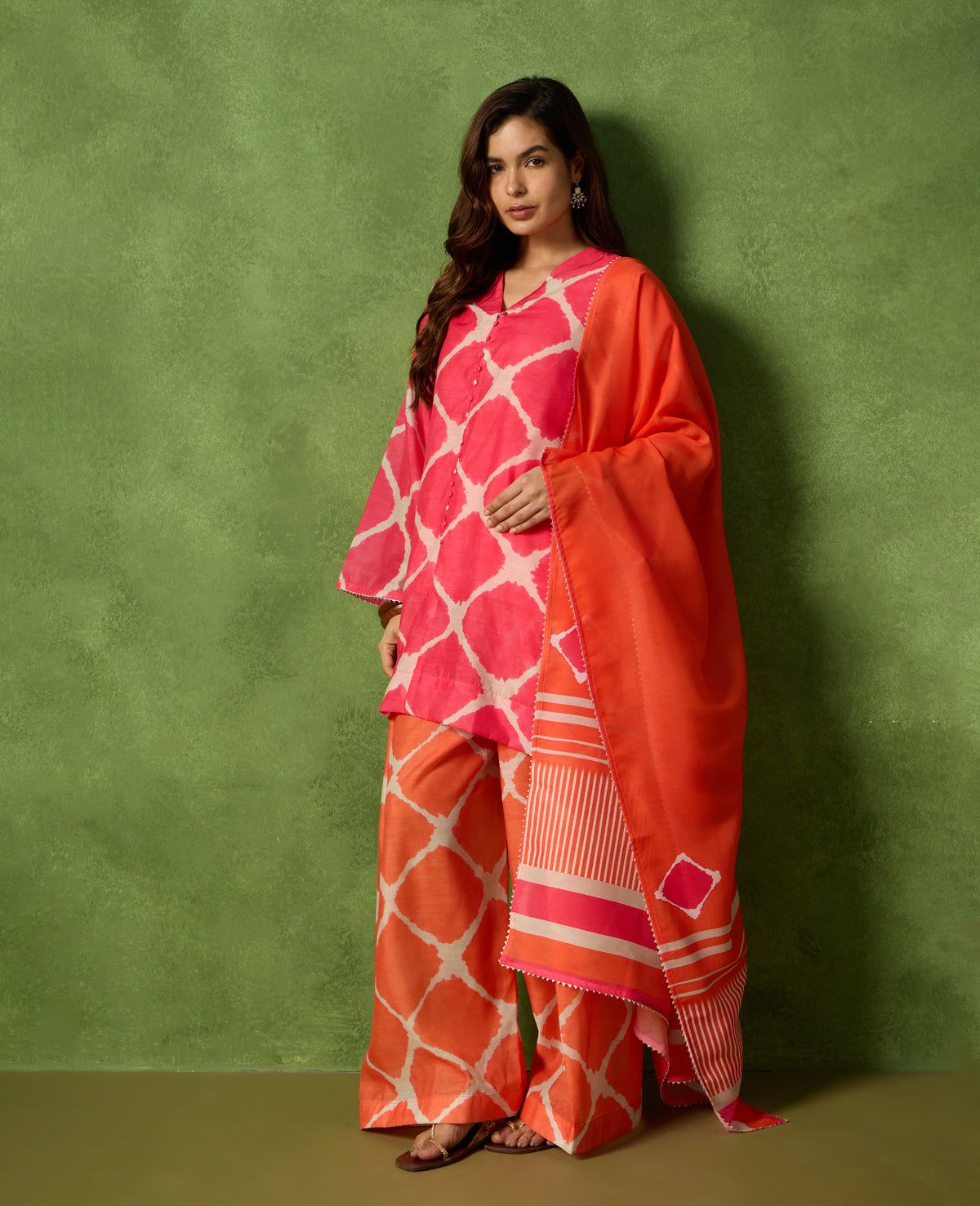 Geet Pink & Orange Geometric Print Mul Chanderi Kurta Suit Set