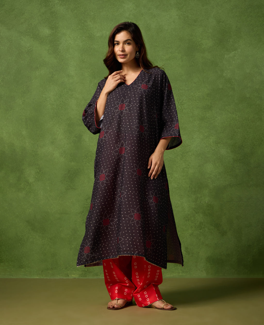 Dhun Black & Red Floral Print Spun Cambric Kurta Suit Set