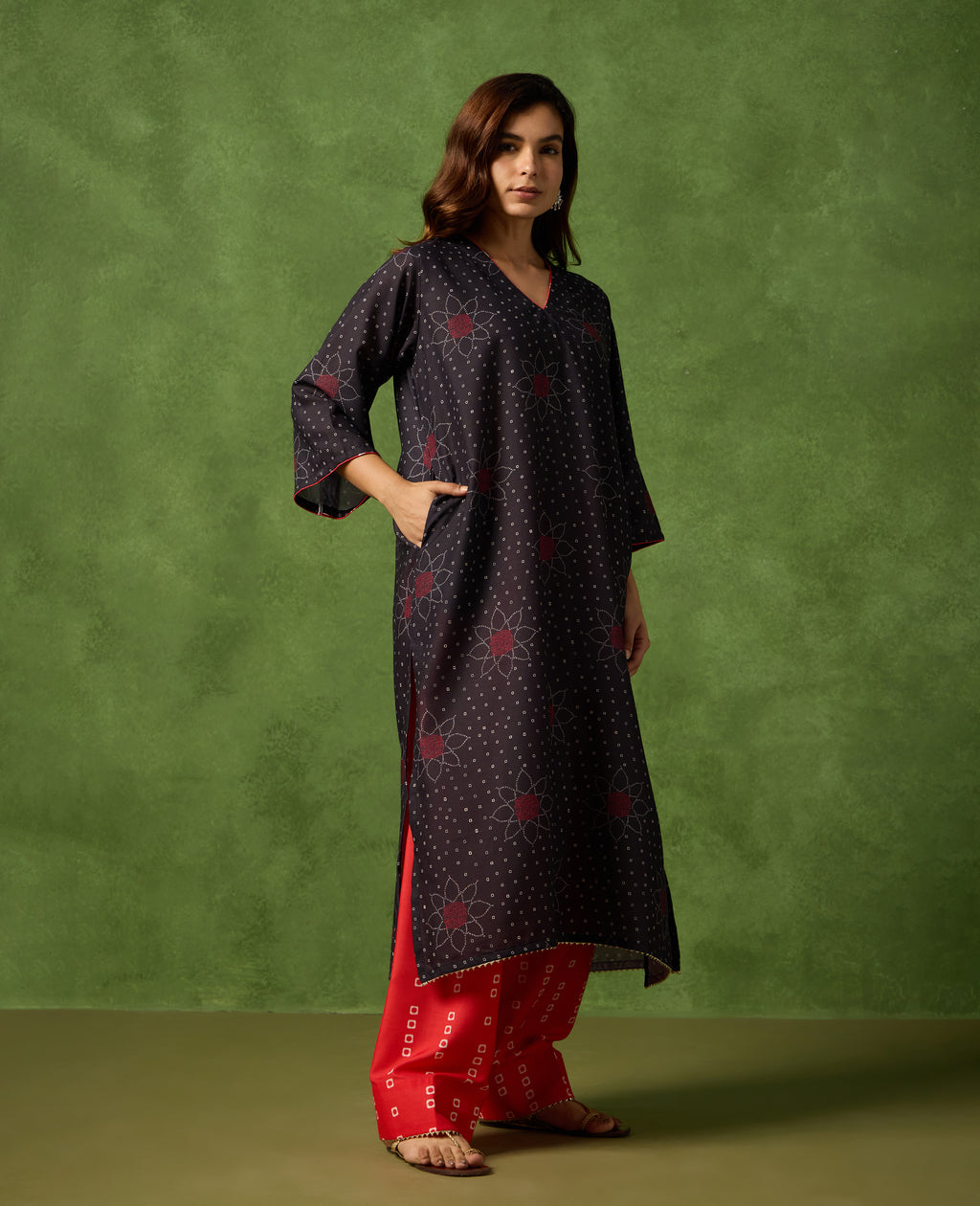 Dhun Black & Red Floral Print Spun Cambric Kurta Suit Set