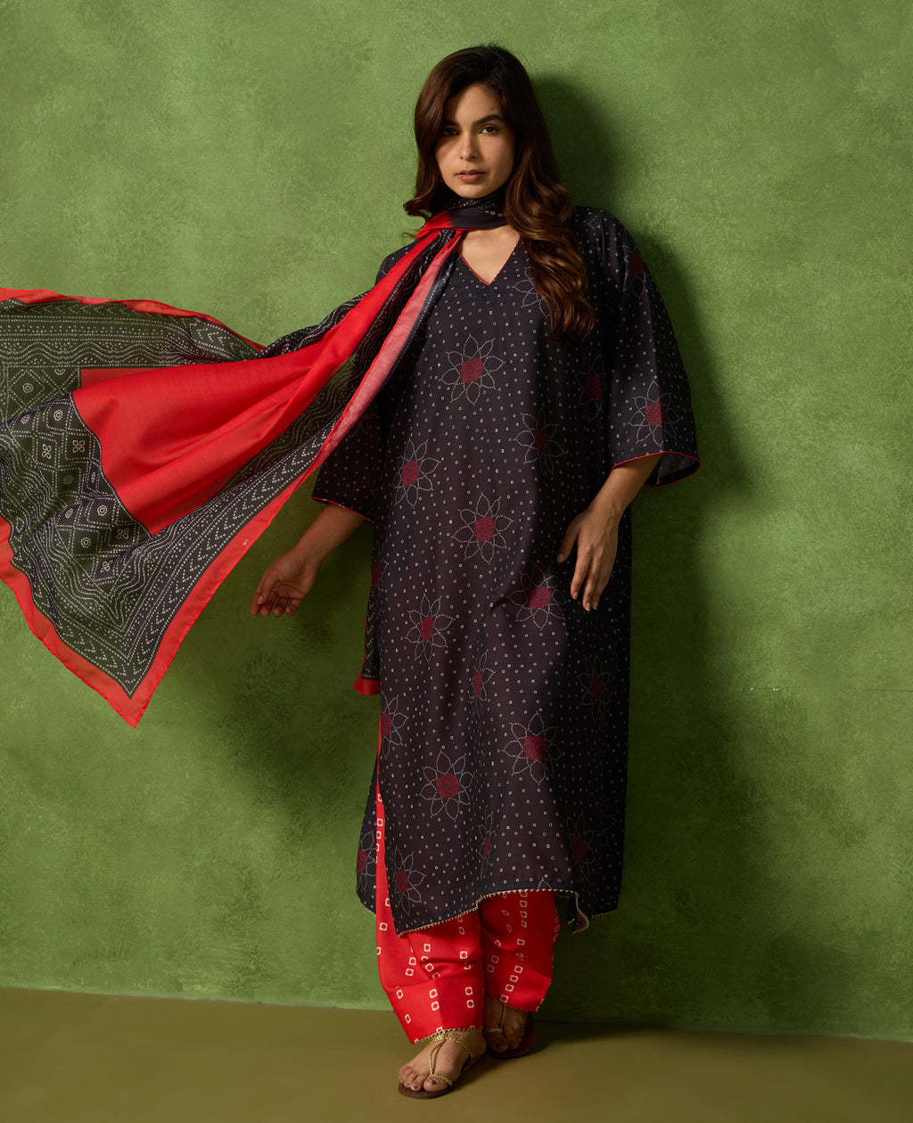 Dhun Black & Red Floral Print Spun Cambric Kurta Suit Set